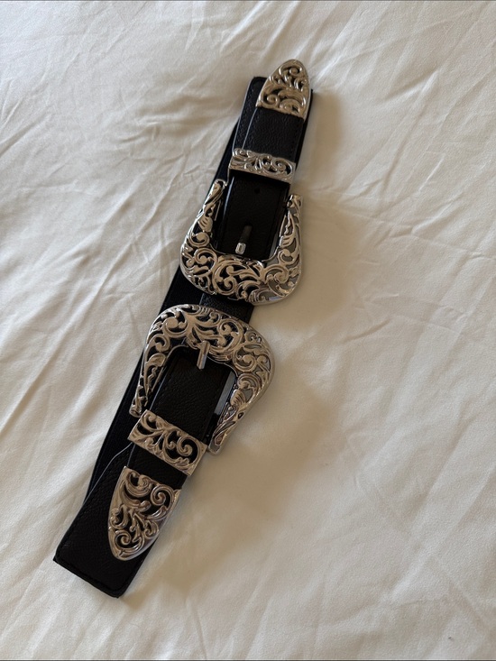 None Accessories - Black Western-Style Double Buckle Belt with Ornate Silver Hardware #33in stretch